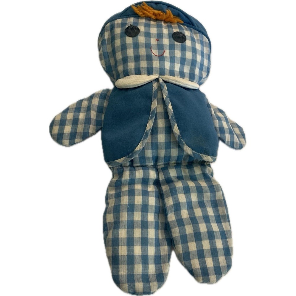 Fisher Price 1977 Cholly Dolly Blue White Gingham Plaid Boy Doll Rattle - EUC!